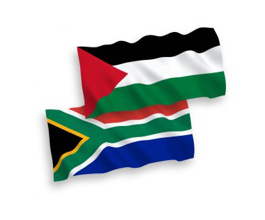 Beyaz arka planda, Filistin ve Güney Afrika Cumhuriyeti 'nin ulusal taşıyıcı kumaş bayrakları izole edildi. 1 'e 2 oranında.