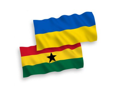 Beyaz arka planda Gana ve Ukrayna 'nın ulusal taşıyıcı kumaş bayrakları izole edildi. 1 'e 2 oranında.