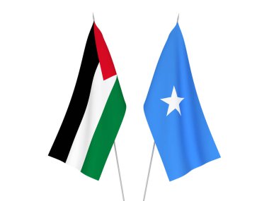 Beyaz arka planda Somali ve Filistin 'in ulusal kumaş bayrakları izole edildi. 3d resimleme.