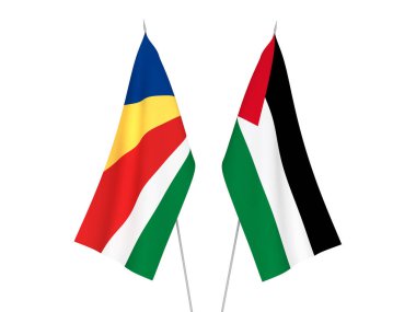 Beyaz arka planda Seyşeller ve Filistin 'in ulusal kumaş bayrakları izole edildi. 3d resimleme.