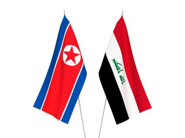 Irak ve Kuzey Kore 'nin ulusal kumaş bayrakları beyaz arka planda izole edildi. 3d resimleme.