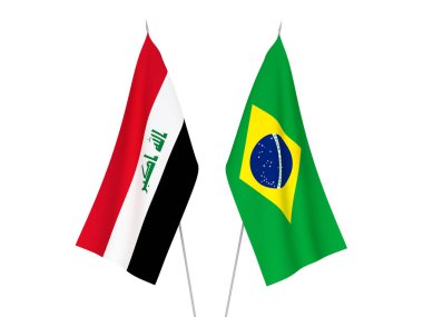 Beyaz arka planda Brezilya ve Irak 'ın ulusal kumaş bayrakları izole edildi. 3d resimleme.