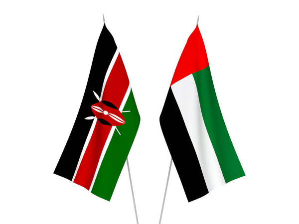 National fabric flags of United Arab Emirates and Kenya isolated on white background. 3d rendering illustration.