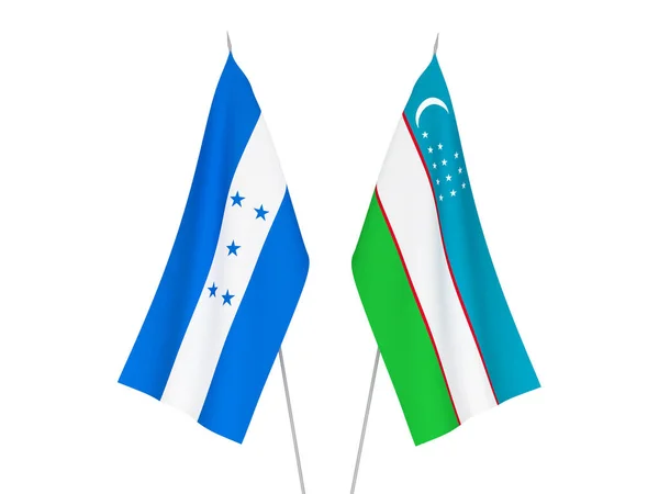 Bandeiras Tecido Nacional Honduras Uzbequistão Isoladas Fundo Branco Ilustração Renderização — Fotografia de Stock