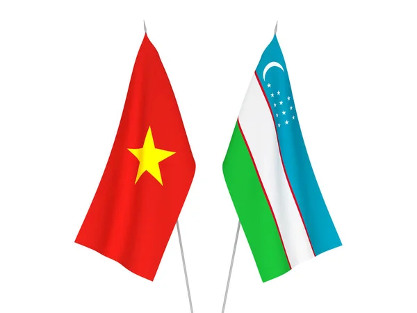 Bandeiras Tecido Nacional Vietnã Uzbequistão Isoladas Fundo Branco Ilustração Renderização — Fotografia de Stock
