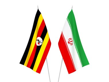 Beyaz arka planda İran ve Uganda 'nın ulusal kumaş bayrakları izole edildi. 3d resimleme.