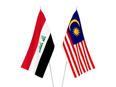 Beyaz arka planda, Malezya ve Irak 'ın ulusal kumaş bayrakları izole edildi. 3d resimleme.