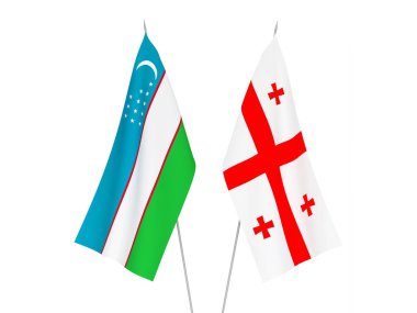 Beyaz arka planda Gürcistan ve Özbekistan 'ın ulusal kumaş bayrakları izole edildi. 3d resimleme.