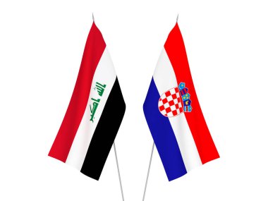 Beyaz arka planda Hırvatistan ve Irak 'ın ulusal kumaş bayrakları izole edildi. 3d resimleme.