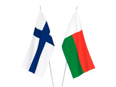 Madagaskar ve Finlandiya 'nın ulusal kumaş bayrakları beyaz arka planda izole edilmiştir. 3d resimleme.