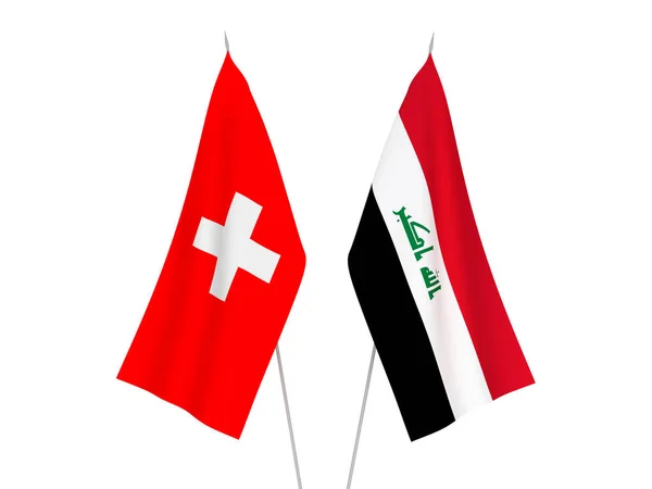 Narodowe Flagi Tkanin Szwajcarii Iraku Odizolowane Białym Tle Ilustracja Renderowania — Zdjęcie stockowe