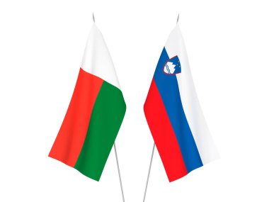 Slovenya ve Madagaskar 'ın ulusal kumaş bayrakları beyaz arka planda izole edildi. 3d resimleme.