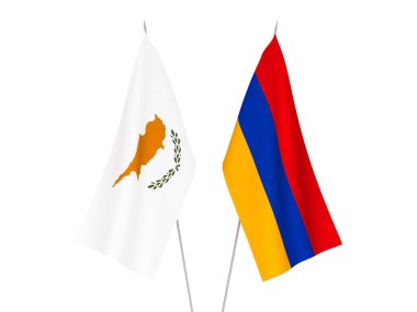 Beyaz arka planda Ermenistan ve Kıbrıs 'ın ulusal kumaş bayrakları izole edildi. 3d resimleme.