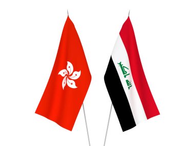 Beyaz arka planda Hong Kong ve Irak 'ın ulusal kumaş bayrakları izole edildi. 3d resimleme.