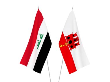 Cebelitarık ve Irak 'ın ulusal kumaş bayrakları beyaz arka planda izole edildi. 3d resimleme.