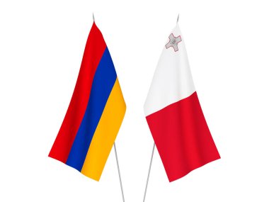 Beyaz arka planda Ermenistan ve Malta 'nın ulusal kumaş bayrakları izole edildi. 3d resimleme.