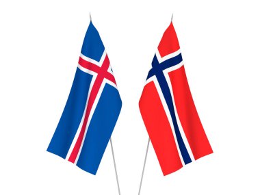 Norveç ve İzlanda 'nın ulusal kumaş bayrakları beyaz arka planda izole edildi. 3d resimleme.