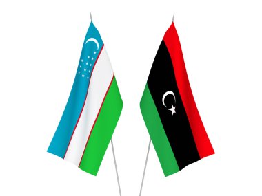 Libya ve Özbekistan 'ın ulusal kumaş bayrakları beyaz arka planda izole edildi. 3d resimleme.