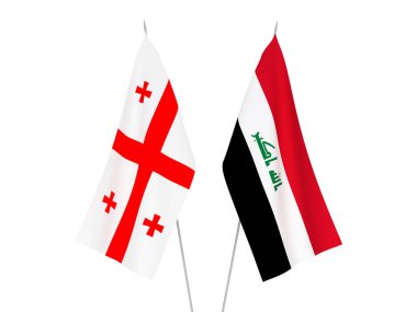 Beyaz arka planda Gürcistan ve Irak 'ın ulusal kumaş bayrakları izole edildi. 3d resimleme.