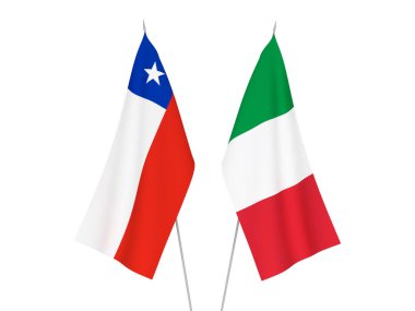 Beyaz arka planda İtalya ve Şili 'nin ulusal kumaş bayrakları izole edildi. 3d resimleme.