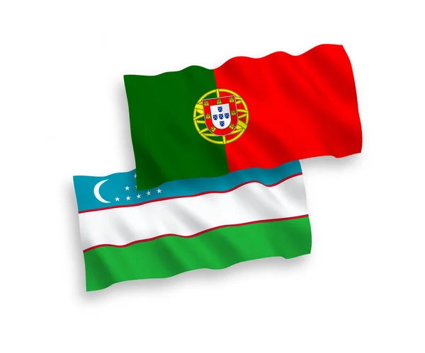 Nationell Vektor Tyg Våg Flaggor Portugal Och Uzbekistan Isolerad Vit — Stock vektor