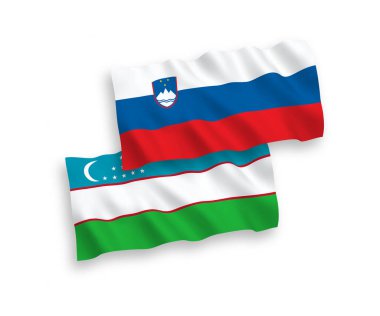 Slovenya ve Özbekistan 'ın ulusal taşıyıcı kumaş bayrakları beyaz arka planda izole edildi. 1 'e 2 oranında.
