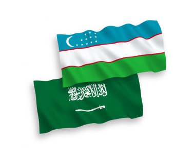 Beyaz arka planda Suudi Arabistan ve Özbekistan 'ın ulusal taşıyıcı kumaş bayrakları izole edildi. 1 'e 2 oranında.