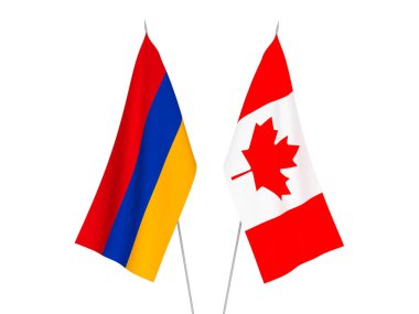 Beyaz arka planda Ermenistan ve Kanada 'nın ulusal kumaş bayrakları izole edildi. 3d resimleme.