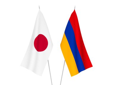 Japonya ve Ermenistan 'ın ulusal kumaş bayrakları beyaz arka planda izole edildi. 3d resimleme.