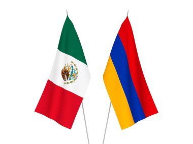 Beyaz arka planda Ermenistan ve Meksika 'nın ulusal kumaş bayrakları izole edildi. 3d resimleme.