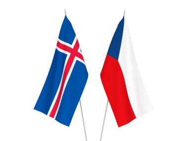 Beyaz arka planda İzlanda ve Çek Cumhuriyeti 'nin ulusal kumaş bayrakları izole edildi. 3d resimleme.