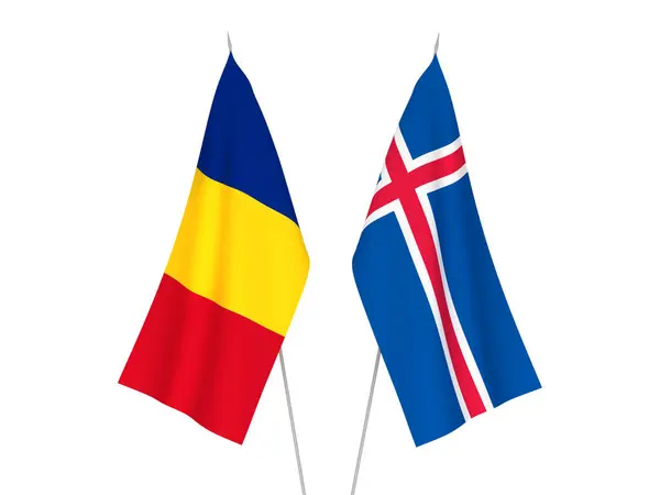 Національні Прапори Румунії Ісландії Ізольовані Білому Тлі Візуалізація — стокове фото