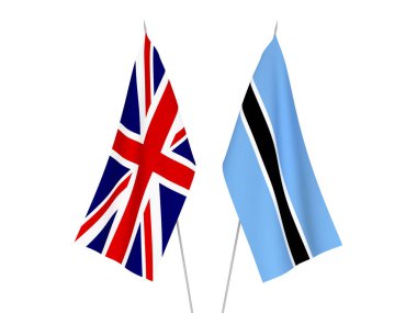 Büyük Britanya ve Botswana 'nın ulusal kumaş bayrakları beyaz arka planda izole edildi. 3d resimleme.