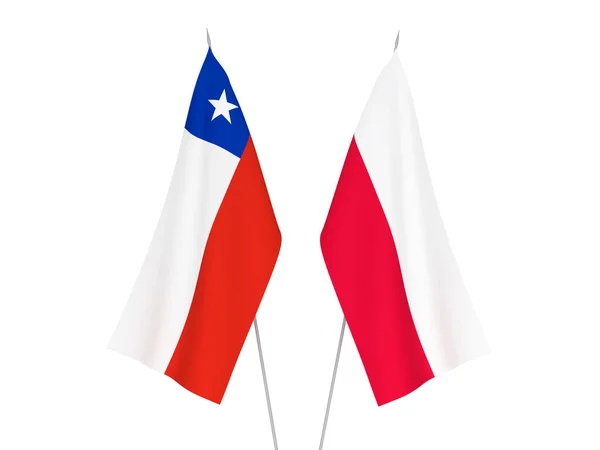 Nationale Stoffen Vlaggen Van Chili Polen Geïsoleerd Witte Achtergrond Weergave — Stockfoto