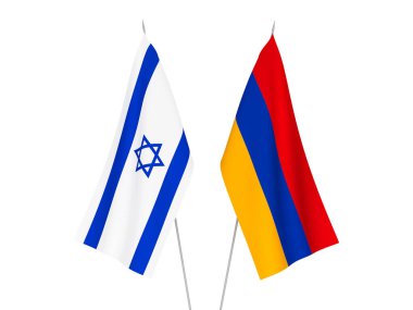 Beyaz arka planda Ermenistan ve İsrail 'in ulusal kumaş bayrakları izole edildi. 3d resimleme.