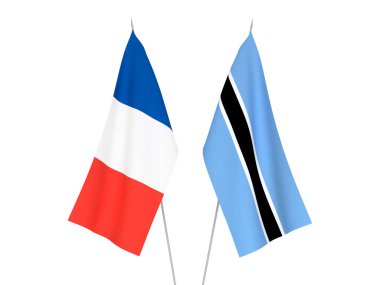 Beyaz arka planda Fransa ve Botswana 'nın ulusal kumaş bayrakları izole edildi. 3d resimleme.