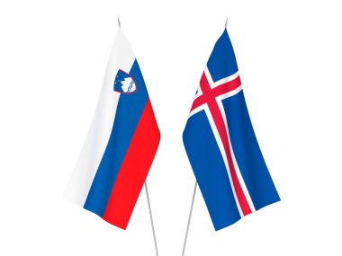 Slovenya ve İzlanda 'nın ulusal kumaş bayrakları beyaz arka planda izole edildi. 3d resimleme.