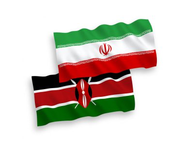 Kenya ve İran 'ın ulusal taşıyıcı kumaş bayrakları beyaz arka planda izole edildi. 1 'e 2 oranında.