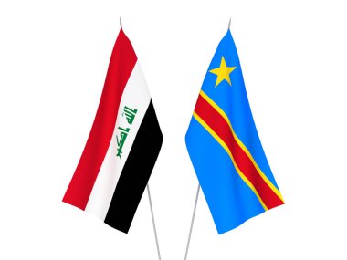 Demokratik Kongo Cumhuriyeti ve Irak 'ın ulusal kumaş bayrakları beyaz arka planda izole edildi. 3d resimleme.