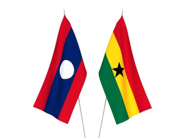 Beyaz arka planda Laos ve Gana 'nın ulusal kumaş bayrakları izole edildi. 3d resimleme.