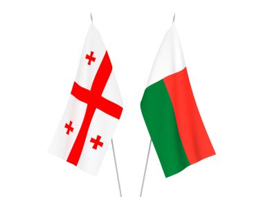 Beyaz arka planda Gürcistan ve Madagaskar 'ın ulusal kumaş bayrakları izole edildi. 3d resimleme.
