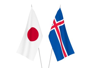 Japonya ve İzlanda 'nın ulusal kumaş bayrakları beyaz arka planda izole edildi. 3d resimleme.