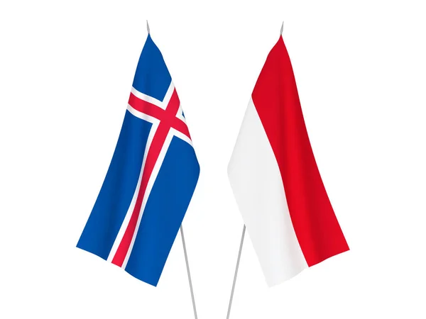 Bandiere Nazionali Tessuto Islanda Indonesia Isolate Sfondo Bianco Illustrazione Rendering — Foto Stock
