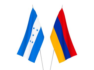 Beyaz arka planda Honduras ve Ermenistan 'ın ulusal kumaş bayrakları izole edildi. 3d resimleme.
