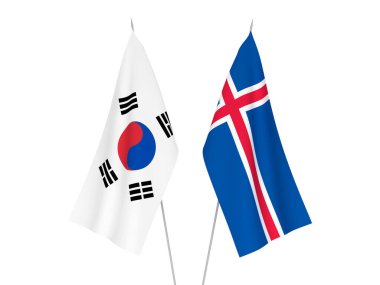 Güney Kore ve İzlanda 'nın ulusal kumaş bayrakları beyaz arka planda izole edildi. 3d resimleme.
