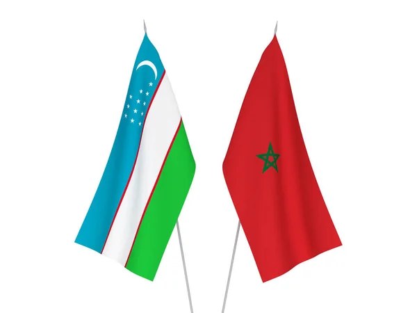 Drapeaux Nationaux Tissu Maroc Ouzbékistan Isolés Sur Fond Blanc Illustration — Photo