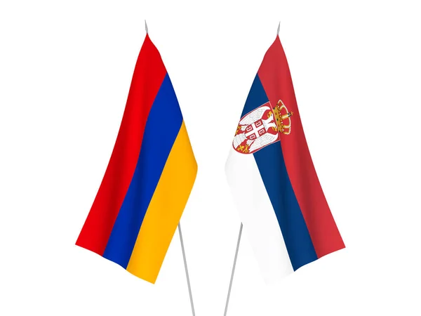 세르비아와 아르메니아의 깃발들은 바탕에 떨어져 있었다 렌더링 — 스톡 사진