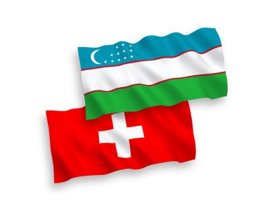 Özbekistan ve İsviçre 'nin ulusal taşıyıcı kumaş bayrakları beyaz arka planda izole edildi. 1 'e 2 oranında.