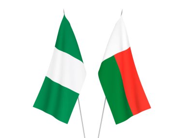 Beyaz arka planda Nijerya ve Madagaskar 'ın ulusal kumaş bayrakları izole edildi. 3d resimleme.