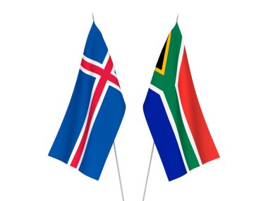 Güney Afrika Cumhuriyeti ve İzlanda 'nın ulusal kumaş bayrakları beyaz arka planda izole edilmiştir. 3d resimleme.